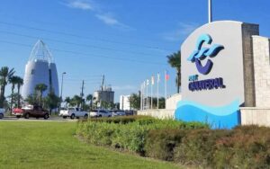 roadside sign and exploration tower at port canaveral space coast