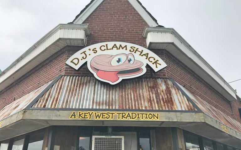 roof corner with sign at djs clam shack key west