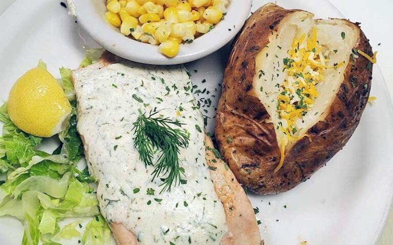 salmon filet with sides at sunrise diner cocoa beach