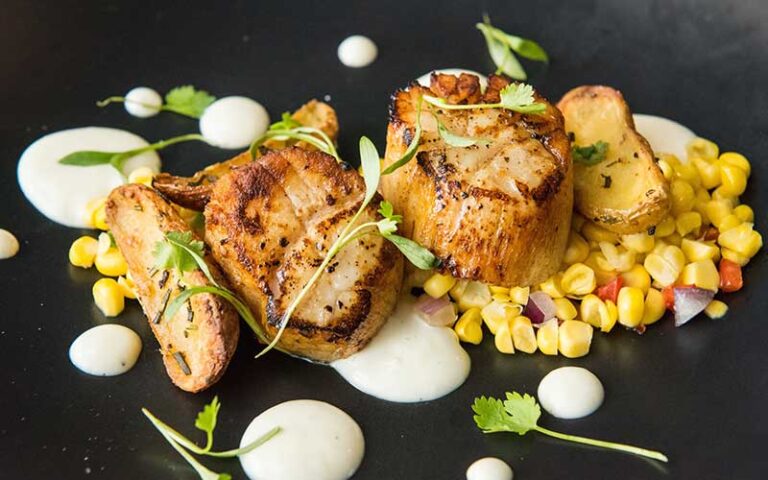 scallops entree with corn garnish at thirsty mermaid key west