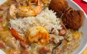 shrimp jambalaya with hushpuppies at cocoa beach fish camp