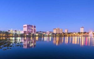 twilight view across lake at skyline of lakeland