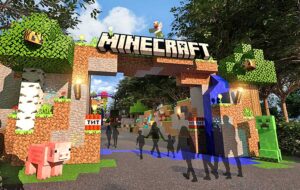 artist rendering of gateway into minecraft themed park with silhouettes and game characters at merlin theme parks