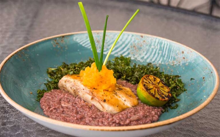 baked fish with kale and lime at the waterfront restaurant anna maria island