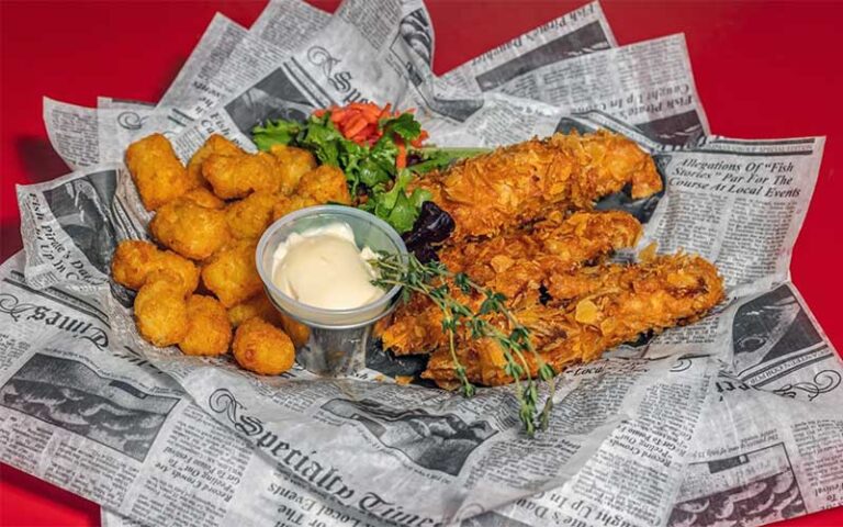 fish and chips with dip in newspaper at freckled fin irish pub holmes beach anna maria island