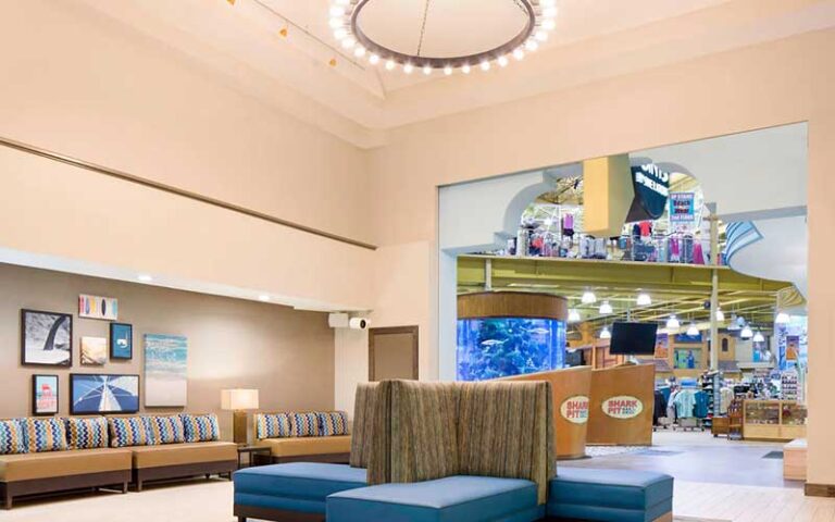 hotel lobby with high vaulted ceiling at four points by sheraton cocoa beach