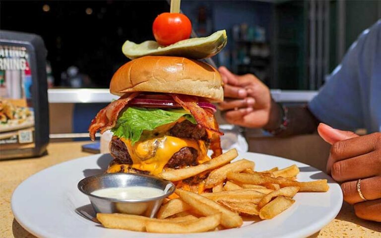 huge deluxe burger with sides at daiquiri deck anna maria island