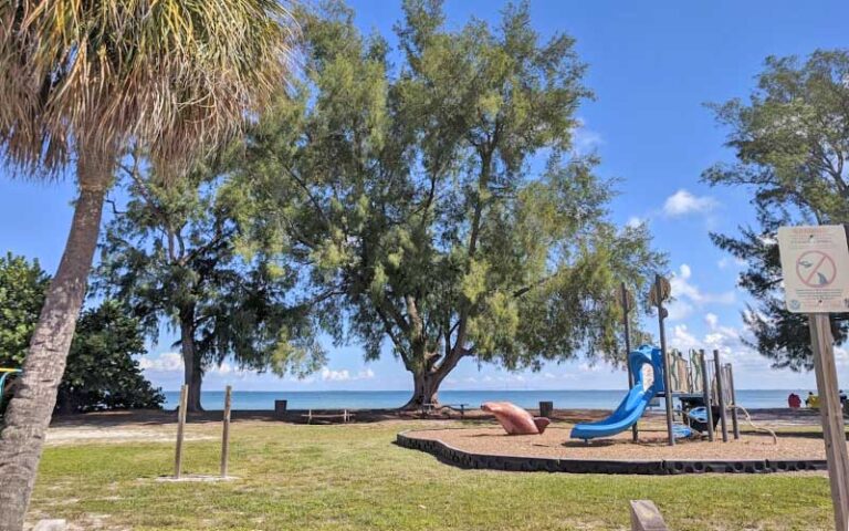 park area with playground and trees overlooking water at bayfront park anna maria island