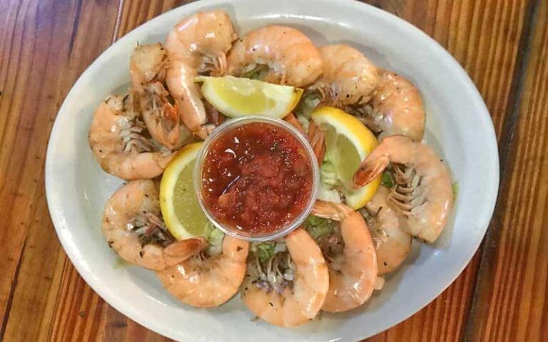 peel n eat shrimp with cocktail sauce and lemon wedges at bridge tender inn bradenton beach anna maria island