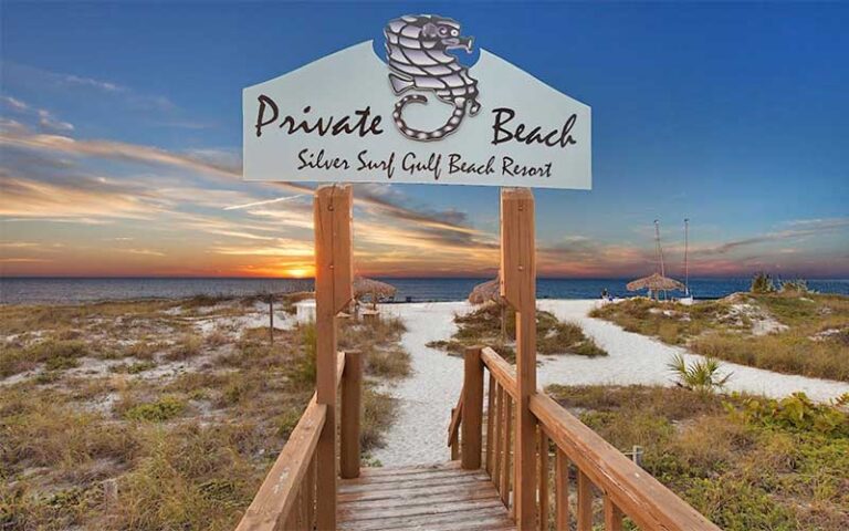 private beach sign entrance with sunset sky at silver surf anna maria island at bradenton beach