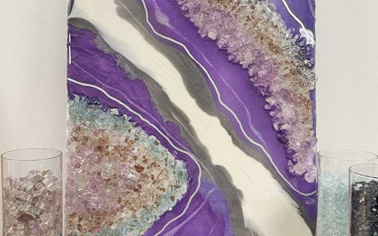 purple geode style canvas with colored crushed glass at fragments art studio kissimmee