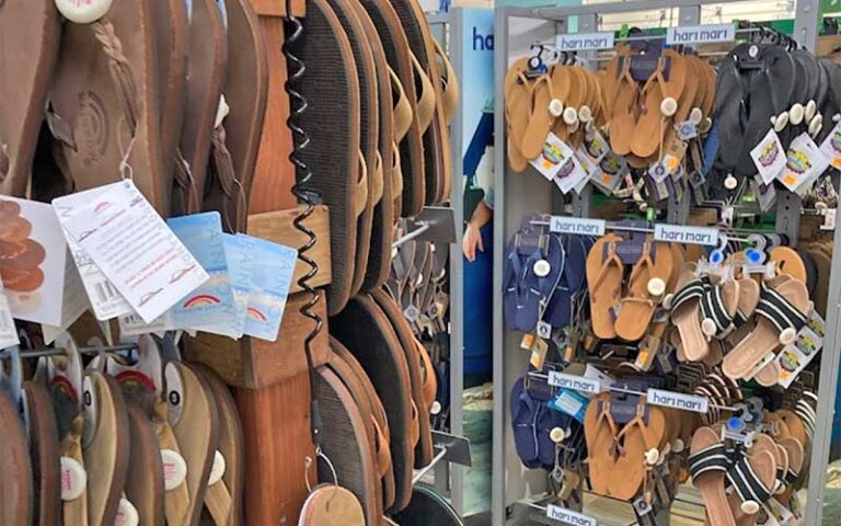 racks of brand name leather sandals at bridge street bazaar bradenton beach anna maria island