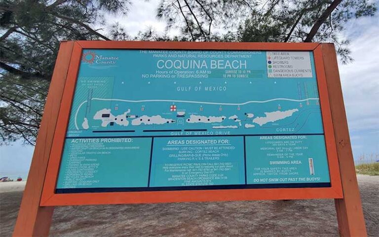 roadside sign with map and amenities at coquina beach bradenton anna maria island