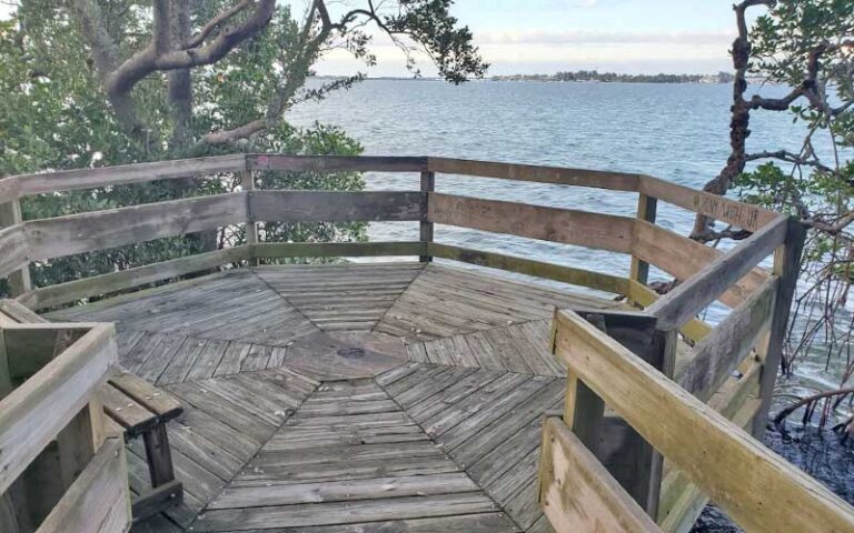 round viewing area of boardwalk with bay at leffis key preserve bradenton beach anna maria island