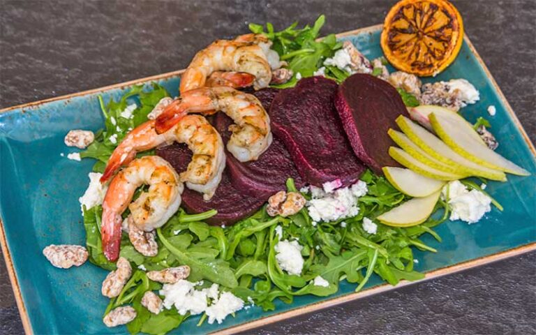 shrimp and beet salad at the waterfront restaurant anna maria island