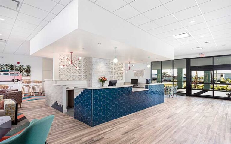 trendy decor lobby with front desk at beachside hotel suites cocoa beach