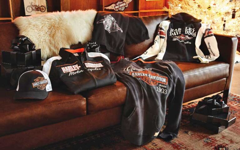 leather sofa with branded leather jackets and apparel at petersons harley davidson miami