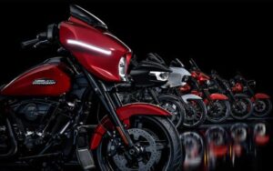 row of new motorcycles at petersons harley davidson miami